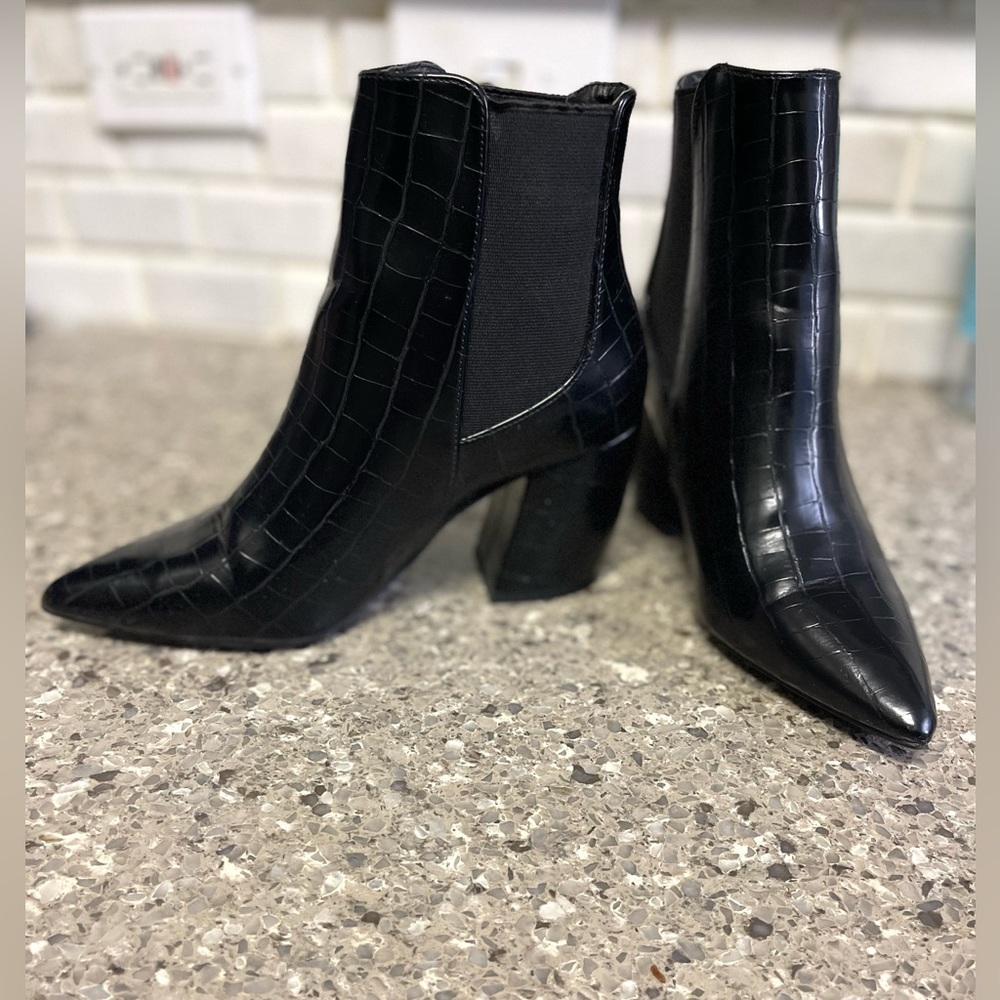 Black Booties - Pointed Toe Mid Block Heel (Croco… - image 2